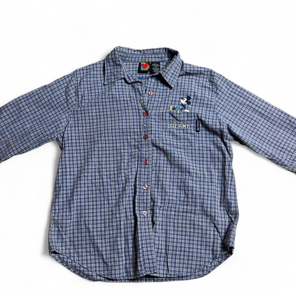 Vintage Disney Mickey Mouse Blue Yellow Plaid Button-Up Shirt